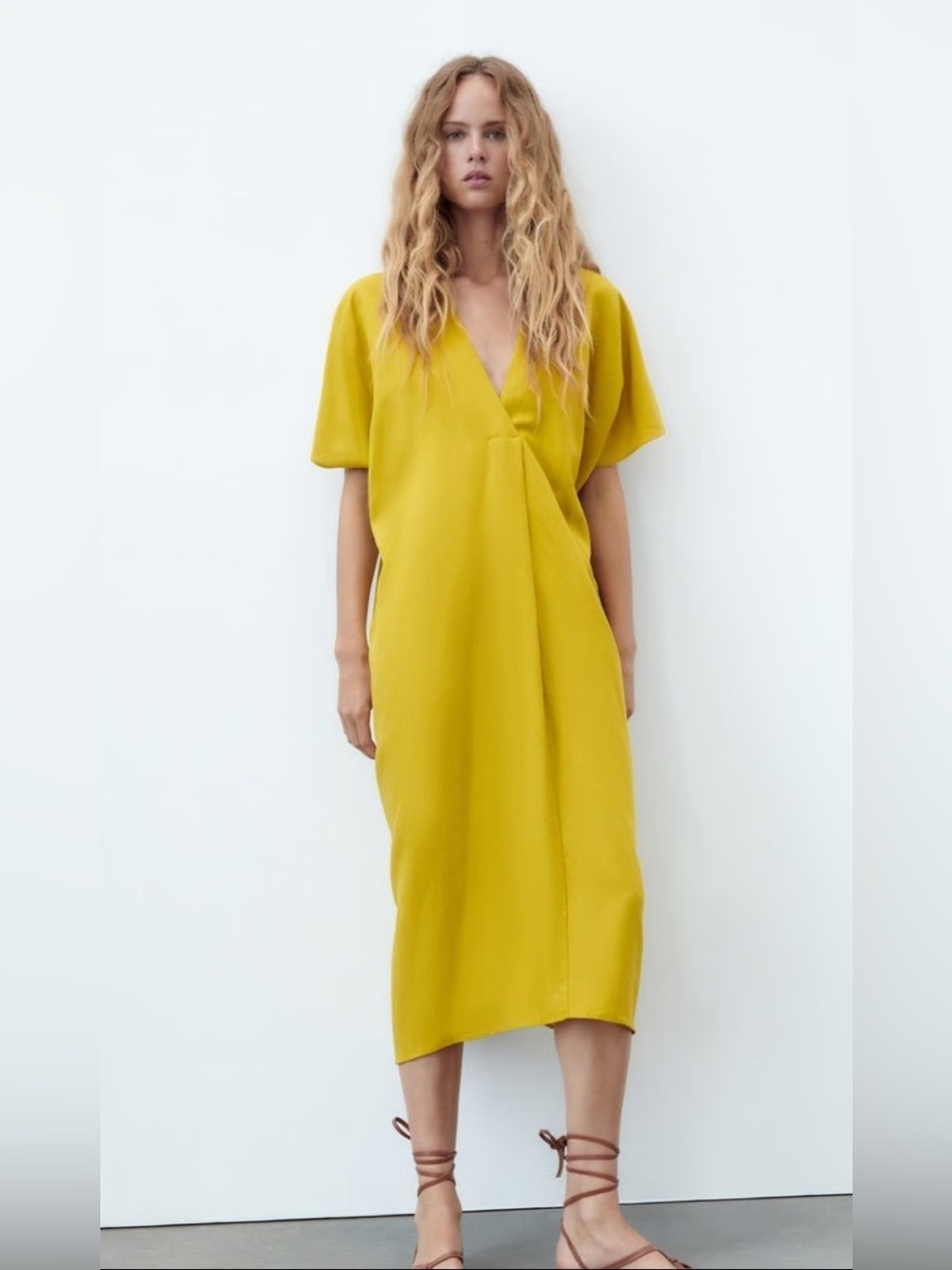 Zara Yellow V-Neck Midi Dress